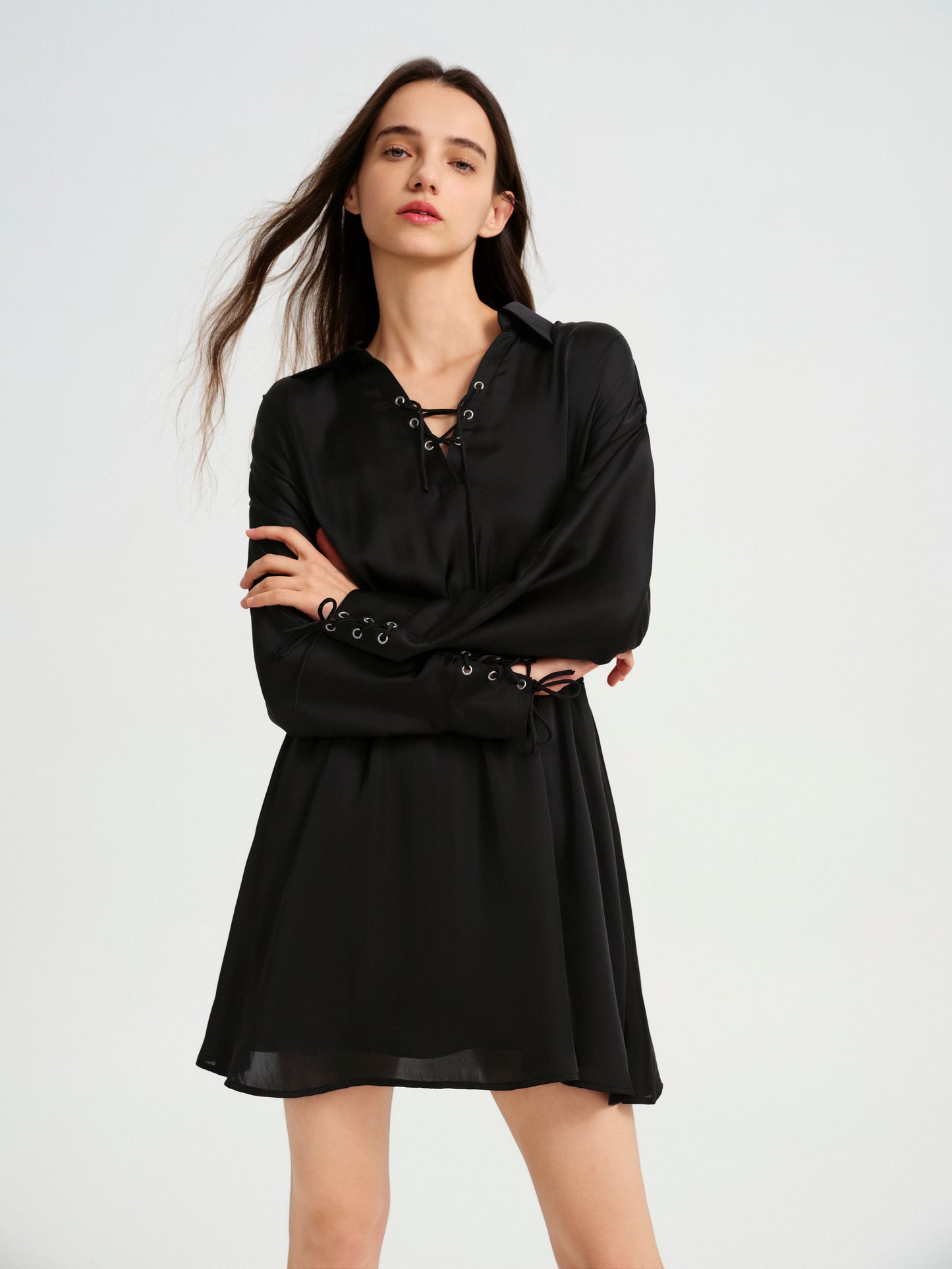 LACE UP V-NECK MINI DRESS