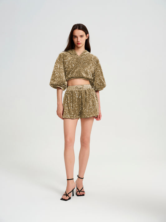 Gold Cropped Drawstring Contrast Collar Top & Bottom