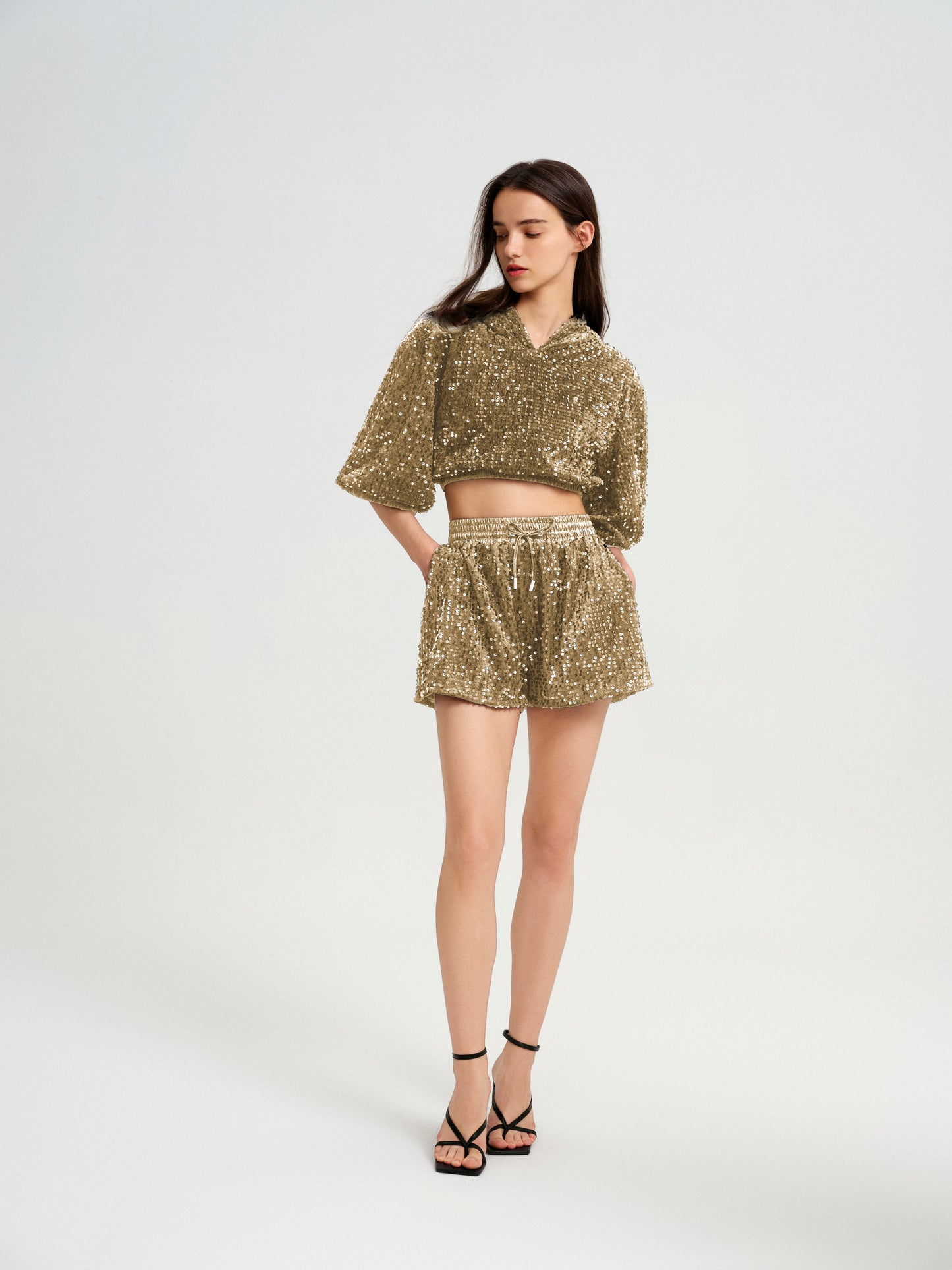 Gold Cropped Drawstring Contrast Collar Top & Bottom