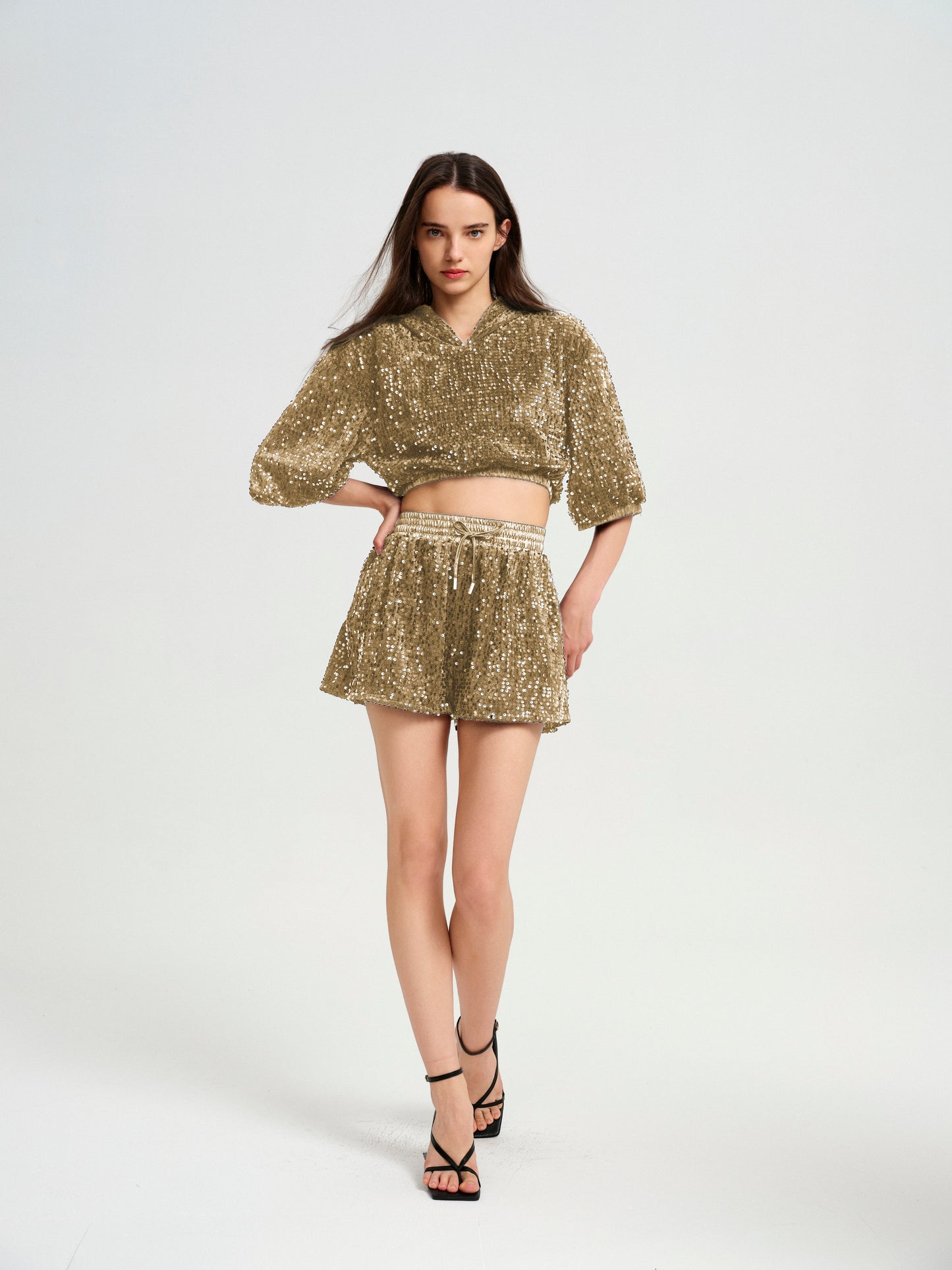 Gold Cropped Drawstring Contrast Collar Top & Bottom