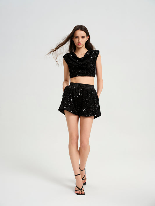 BlisSecret Black Cowl Neck Cropped Top With Pleated Padded Shoulder & Shorts