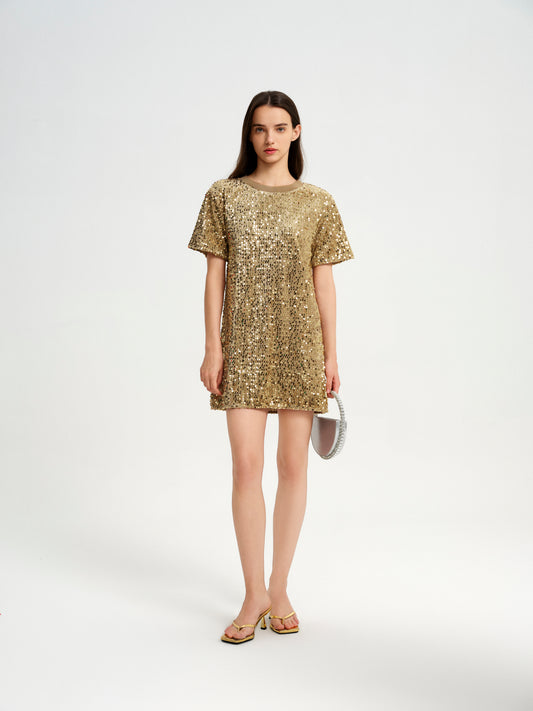 sequins T-Shirt Dress With Ribbed Neck Trim