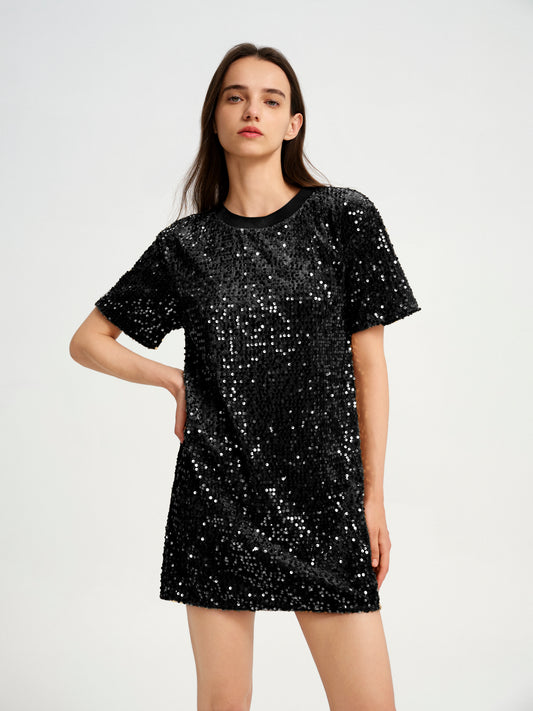BlisSecret sequins T-Shirt Dress With Ribbed Neck Trim