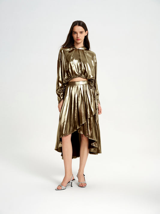 Gold High-Low Drawstring Hoodie & Asymmetrical Pleated Skirt