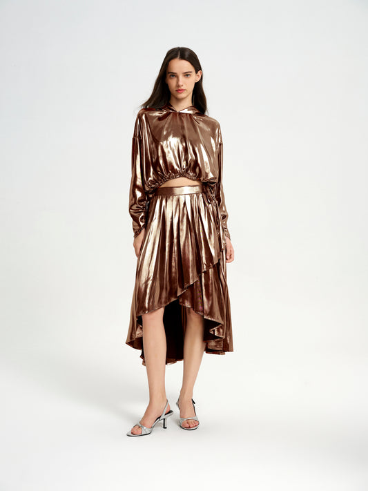 Copper High-Low Drawstring Hoodie & Asymmetrical Pleated Skirt