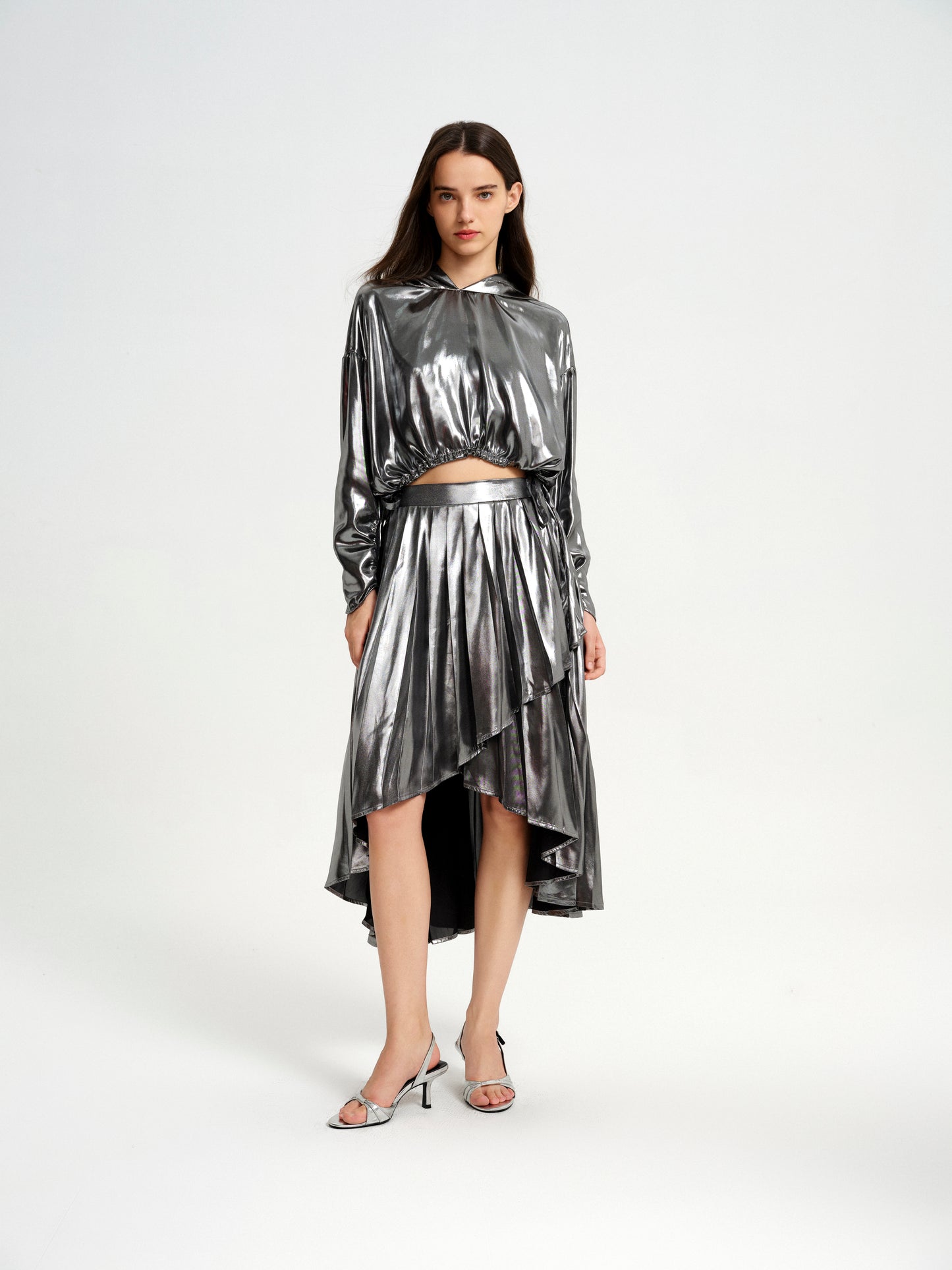 Silver High-Low Drawstring Hoodie & Asymmetrical Pleated Skirt