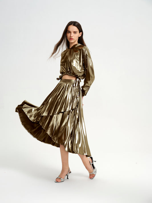 BlisSecret Gold High-Low Drawstring Hoodie & Asymmetrical Pleated Skirt