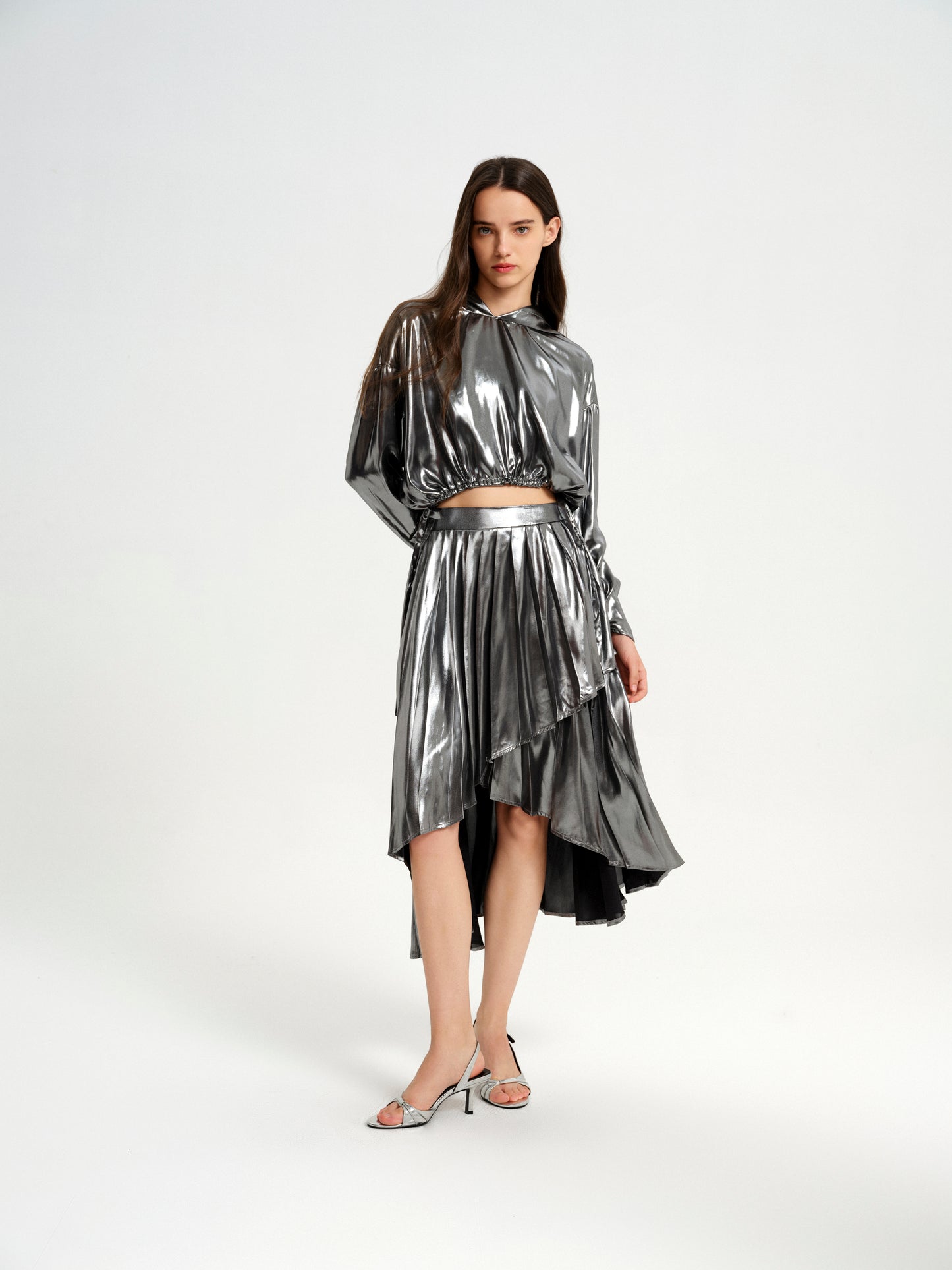 Silver High-Low Drawstring Hoodie & Asymmetrical Pleated Skirt