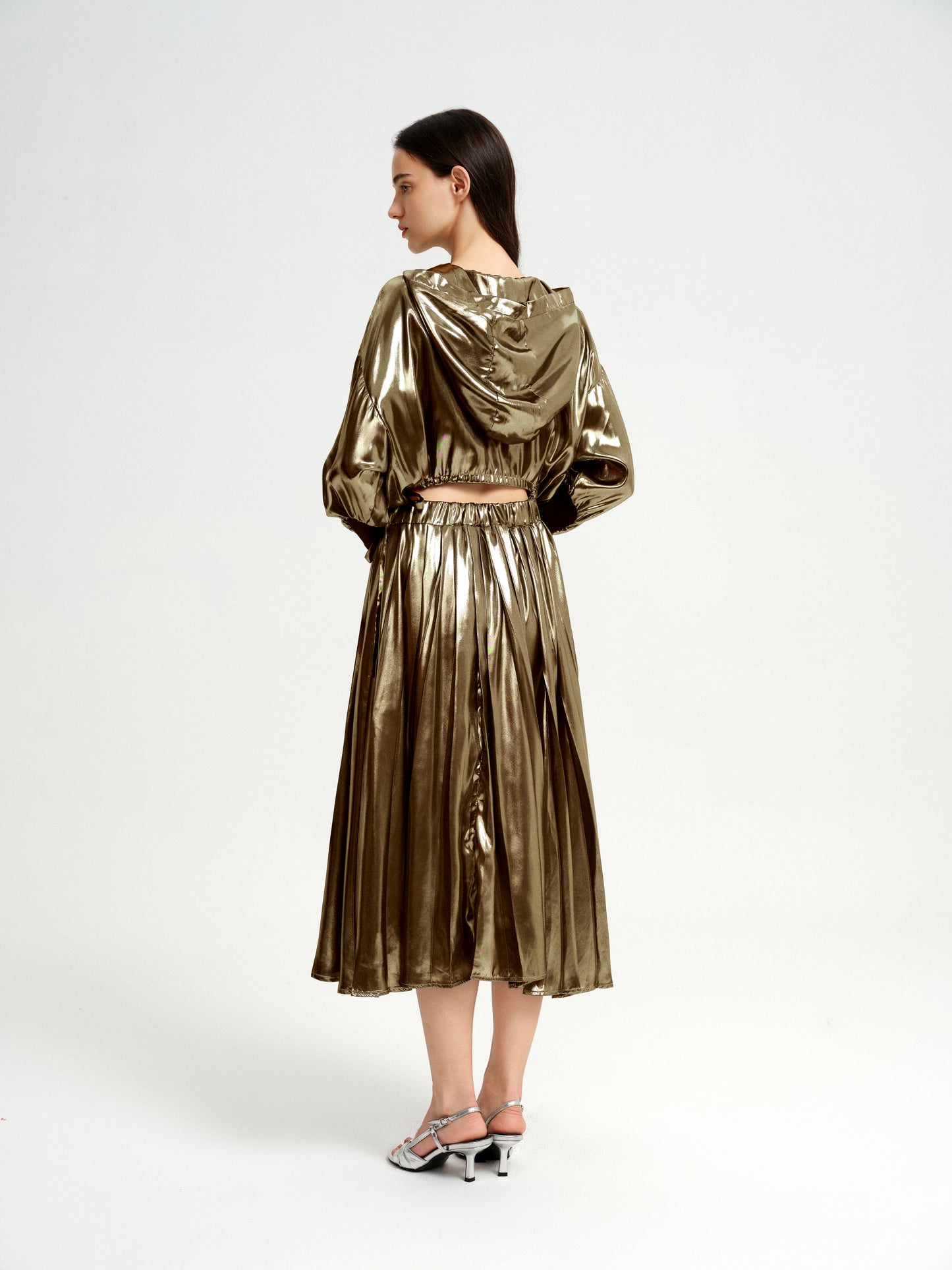 Gold High-Low Drawstring Hoodie & Asymmetrical Pleated Skirt