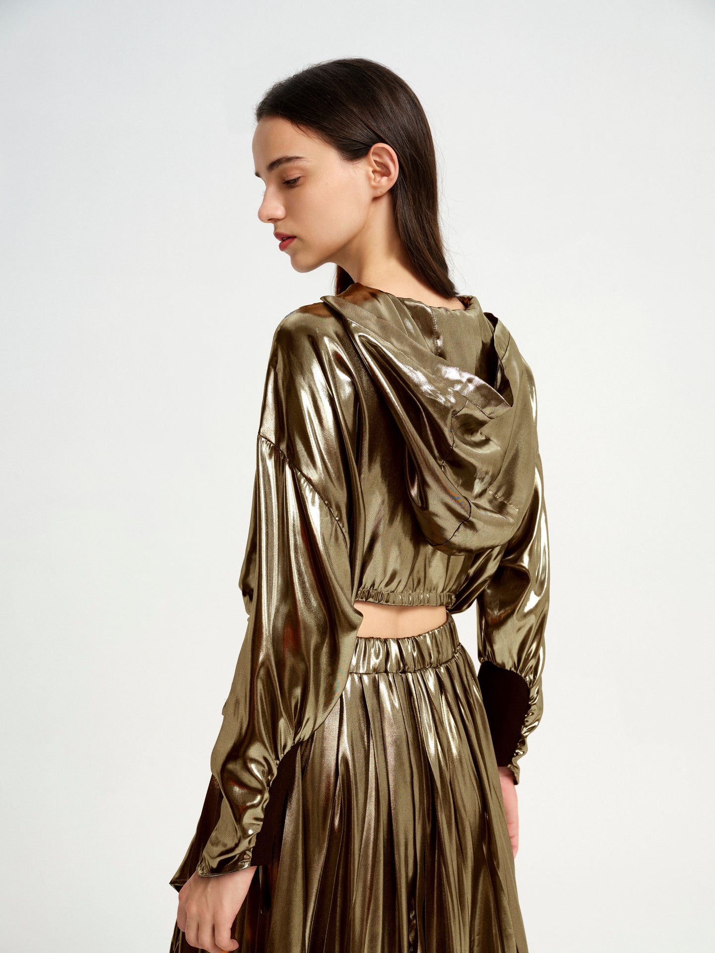 Gold High-Low Drawstring Hoodie & Asymmetrical Pleated Skirt