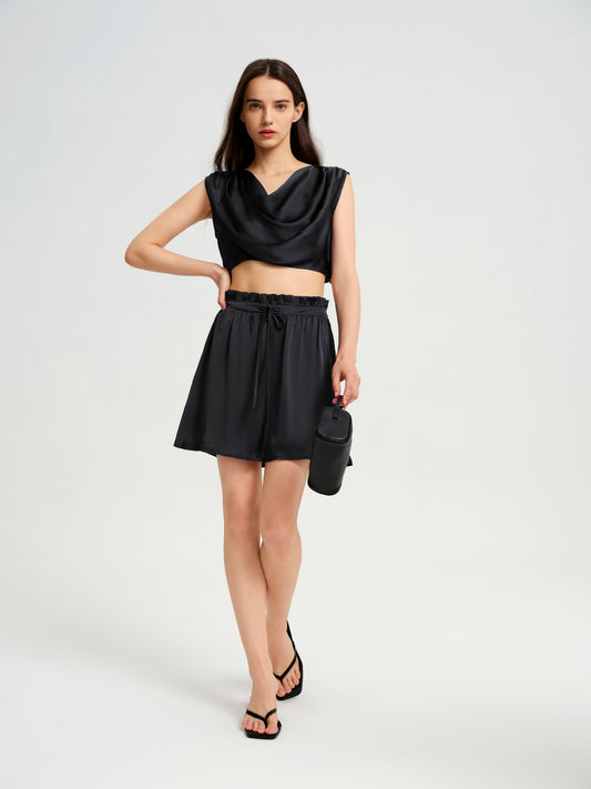 BlisSecret Black Cowl Neck Cropped Top With Pleated Padded Shoulder & Shorts