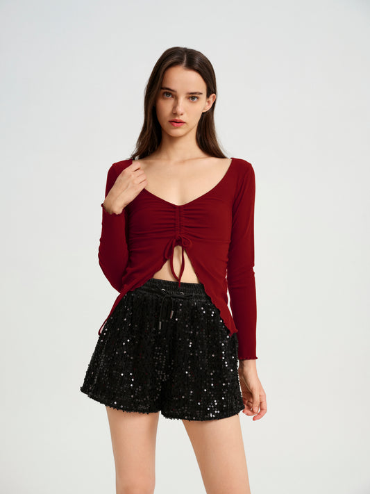 BlisSecret V-Neck Knit Top With Center Front Rouching