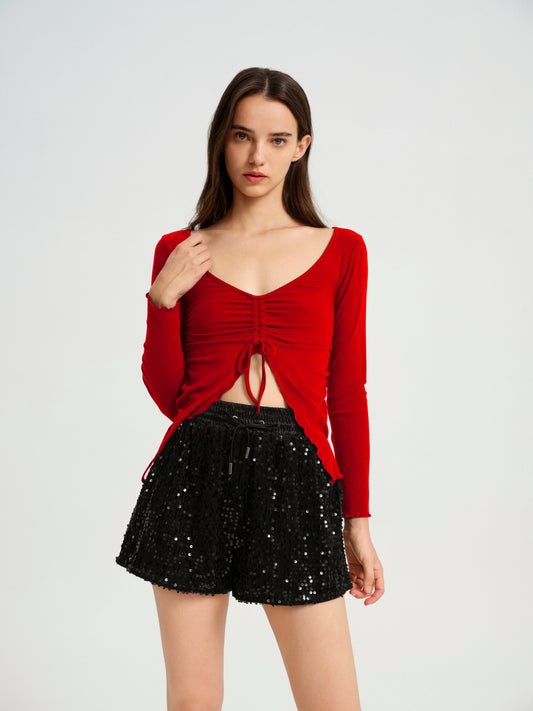 BlisSecret V-Neck Knit Top With Center Front Rouching