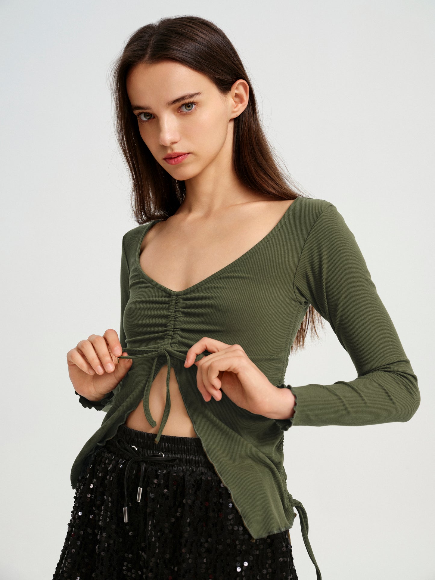 V-Neck Knit Top With Center Front Rouching