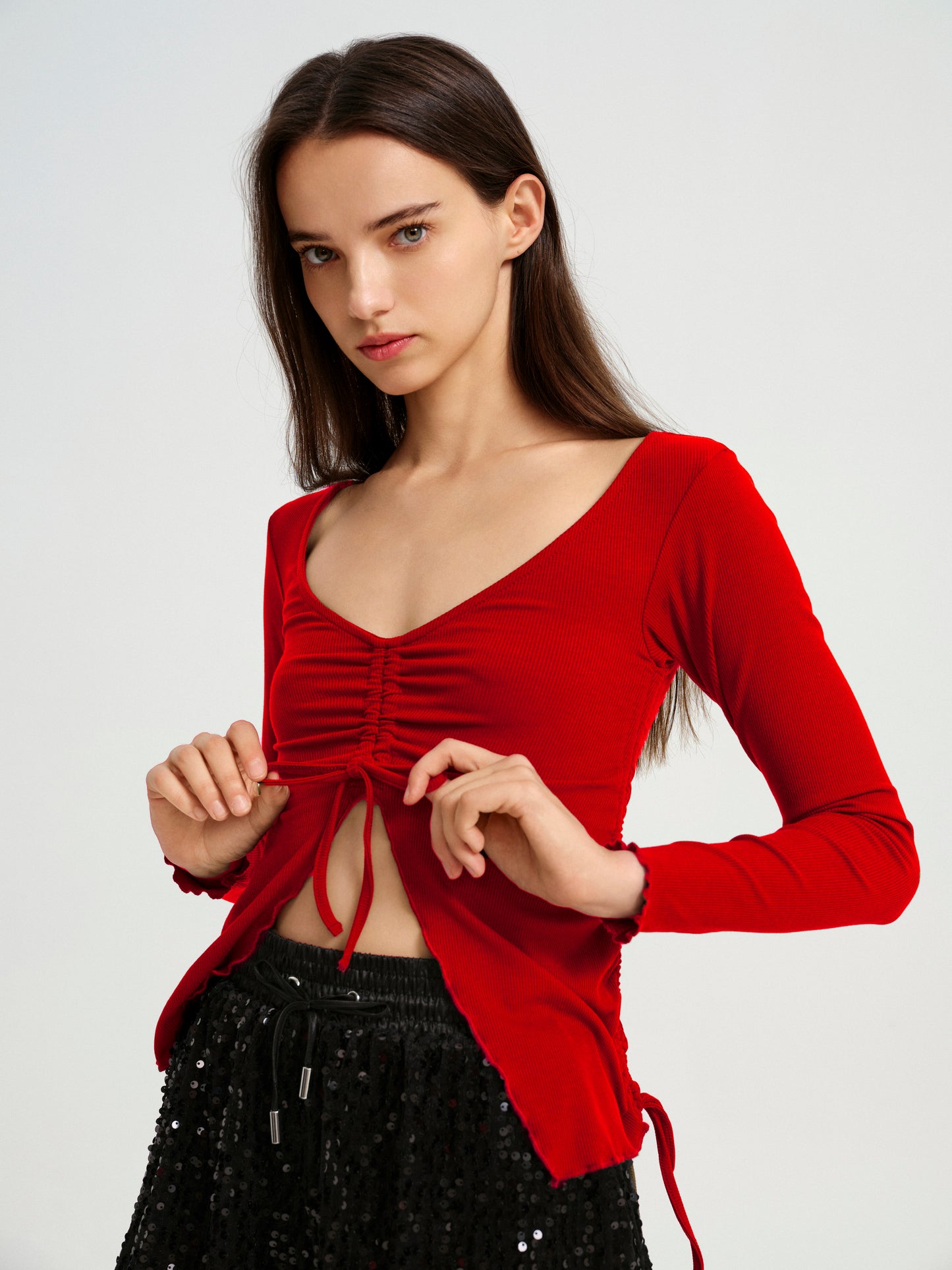 V-Neck Knit Top With Center Front Rouching