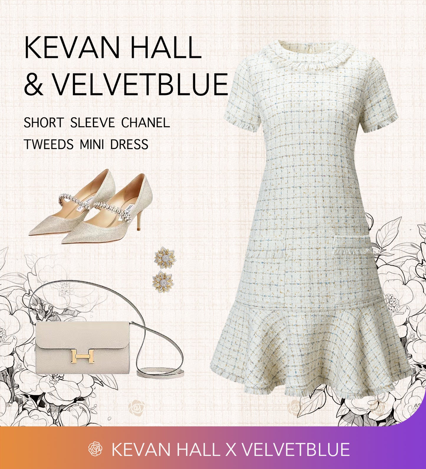 VelvetBlue Metallic Tweed Short Sleeve Chanel Mini Dress