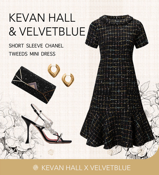 VelvetBlue Metallic Tweed Short Sleeve Chanel Mini Dress