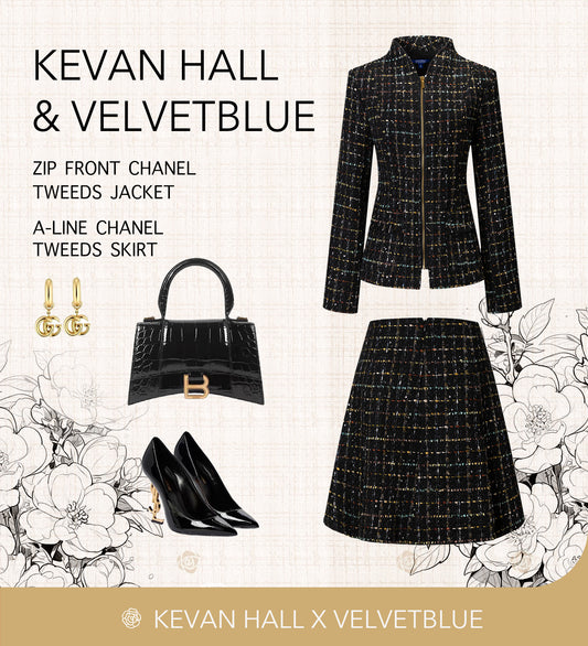 VelvetBlue -  Onyx Metallic Tweed Zip Front Chanel Jacket & A-Line Skirt