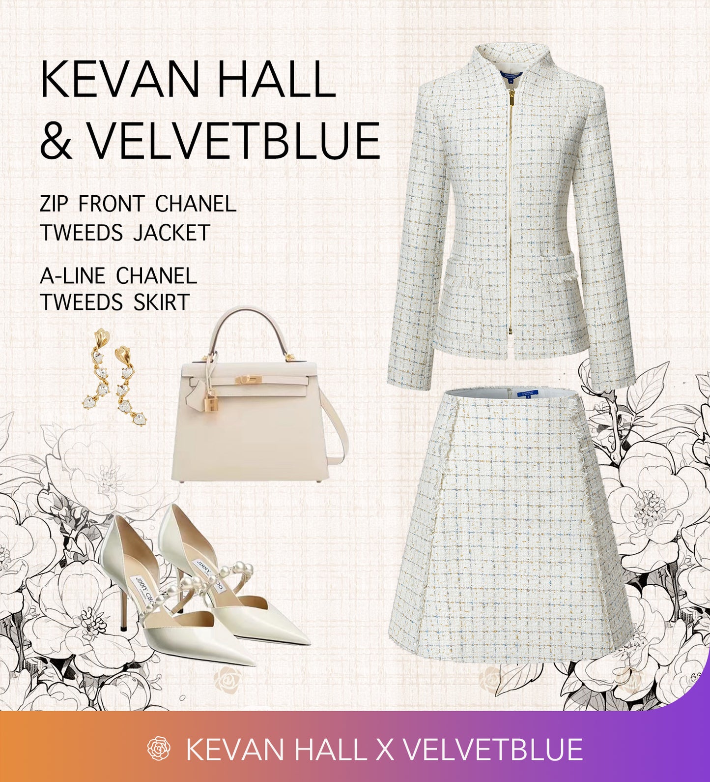 VelvetBlue -  Winter White Metallic Tweed Zip Front Chanel Jacket & A-Line Skirt