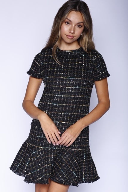 VelvetBlue Metallic Tweed Short Sleeve Chanel Mini Dress