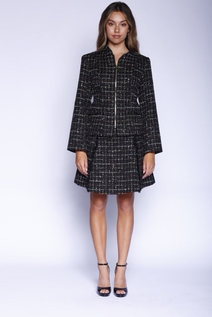 VelvetBlue -  Onyx Metallic Tweed Zip Front Chanel Jacket & A-Line Skirt