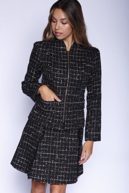 VelvetBlue -  Onyx Metallic Tweed Zip Front Chanel Jacket & A-Line Skirt